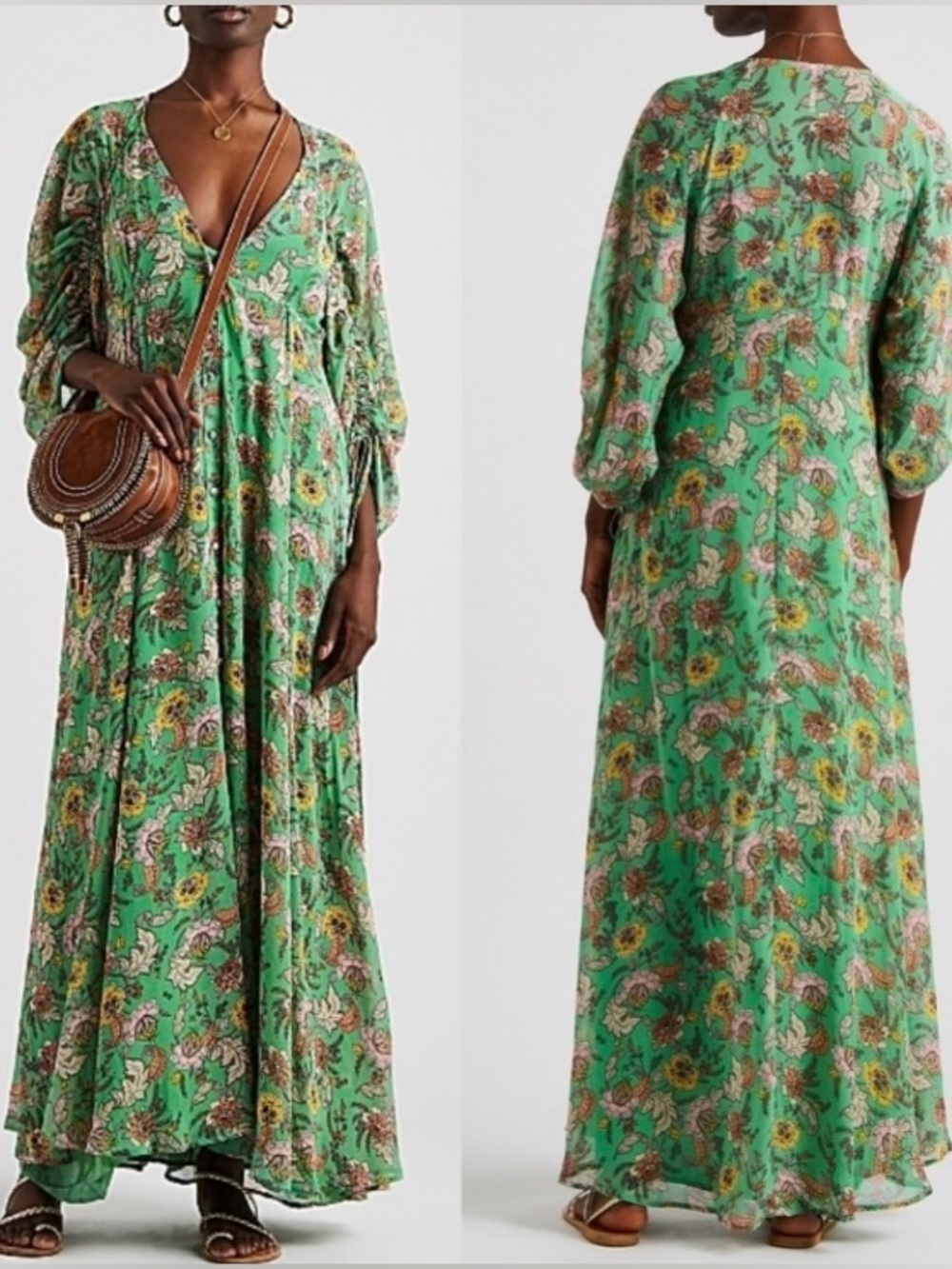 Free People Green Floral V-Neck Maxi Dress with Green Slip Dress - Picture 1 of 5